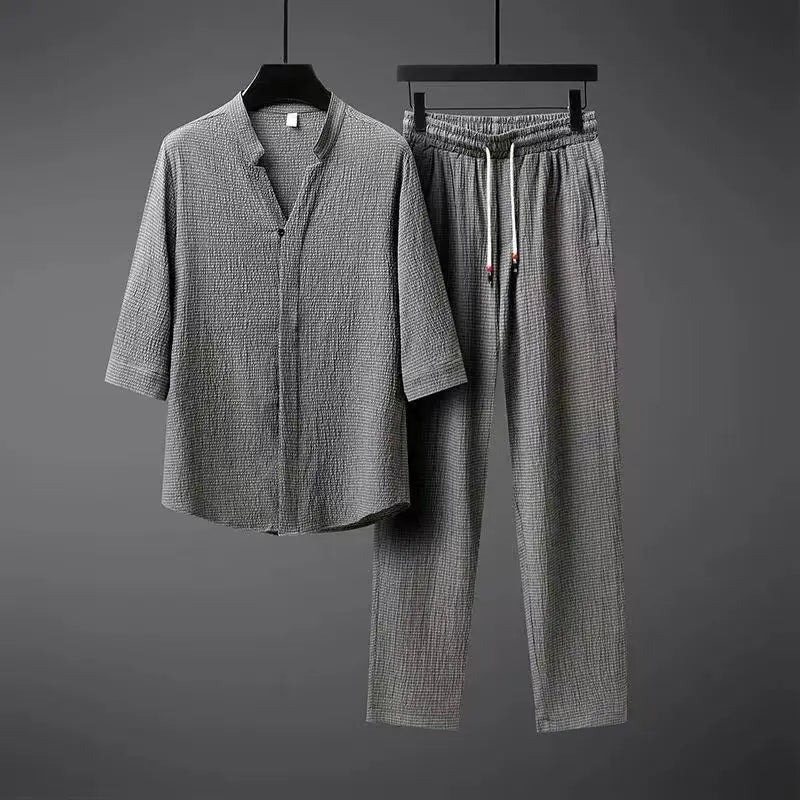 Completo di lino da uomo, camicia scollo a V a manica 3/4 e pantaloni, estivo casual - Grigio