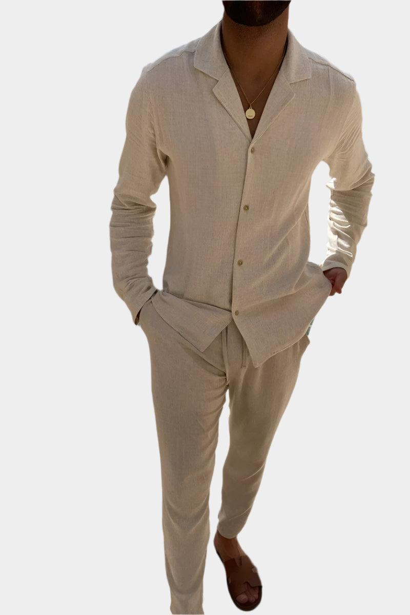 Completo di lino da uomo estivo, taglio ampio con bottoni, casual per matrimonio e vacanze - view 3