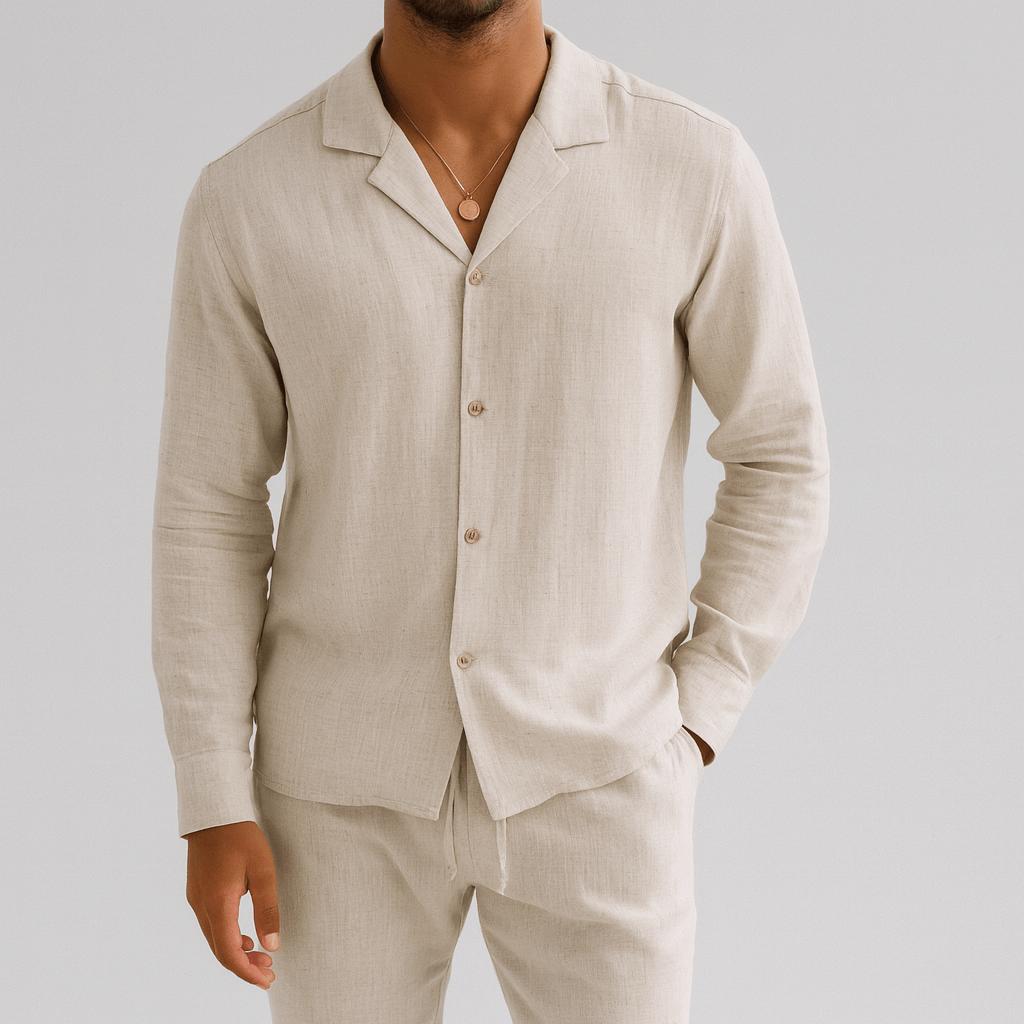 Completo di lino da uomo estivo, taglio ampio con bottoni, casual per matrimonio e vacanze - Beige