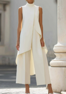 Completo due pezzi donna asimmetrico, top a collo alto senza maniche e pantalone a gamba larga, elegante per cerimonia - view 10