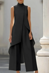 Completo due pezzi donna asimmetrico, top a collo alto senza maniche e pantalone a gamba larga, elegante per cerimonia - view 13