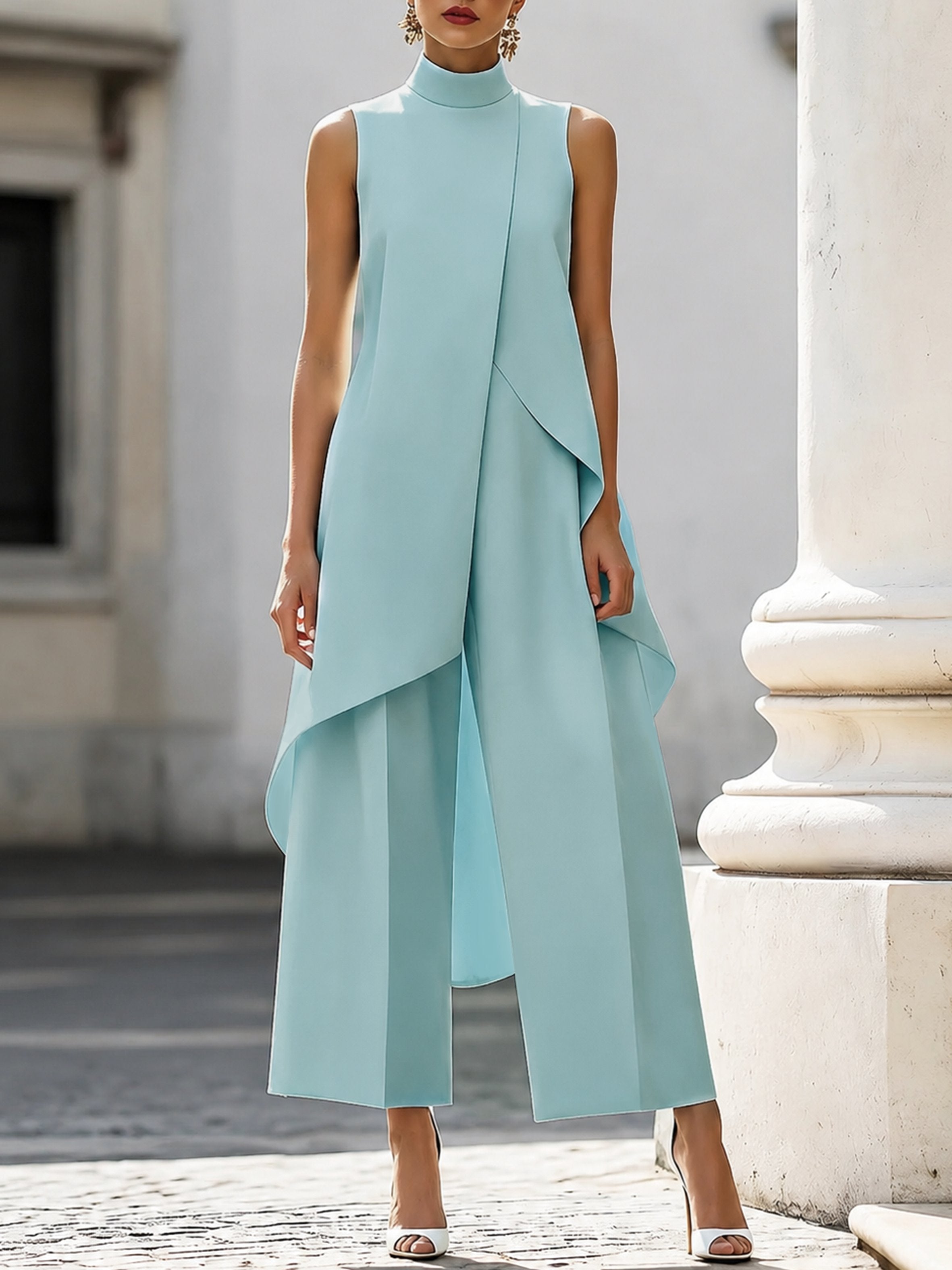 Completo due pezzi donna asimmetrico, top a collo alto senza maniche e pantalone a gamba larga, elegante per cerimonia - Azzurro Cielo