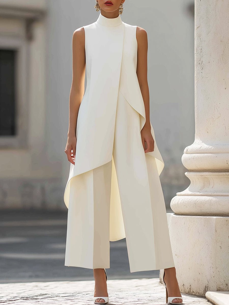 Completo due pezzi donna asimmetrico, top a collo alto senza maniche e pantalone a gamba larga, elegante per cerimonia - Bianco