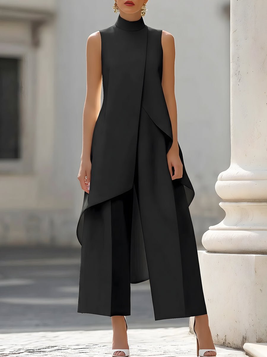 Completo due pezzi donna asimmetrico, top a collo alto senza maniche e pantalone a gamba larga, elegante per cerimonia - Nero
