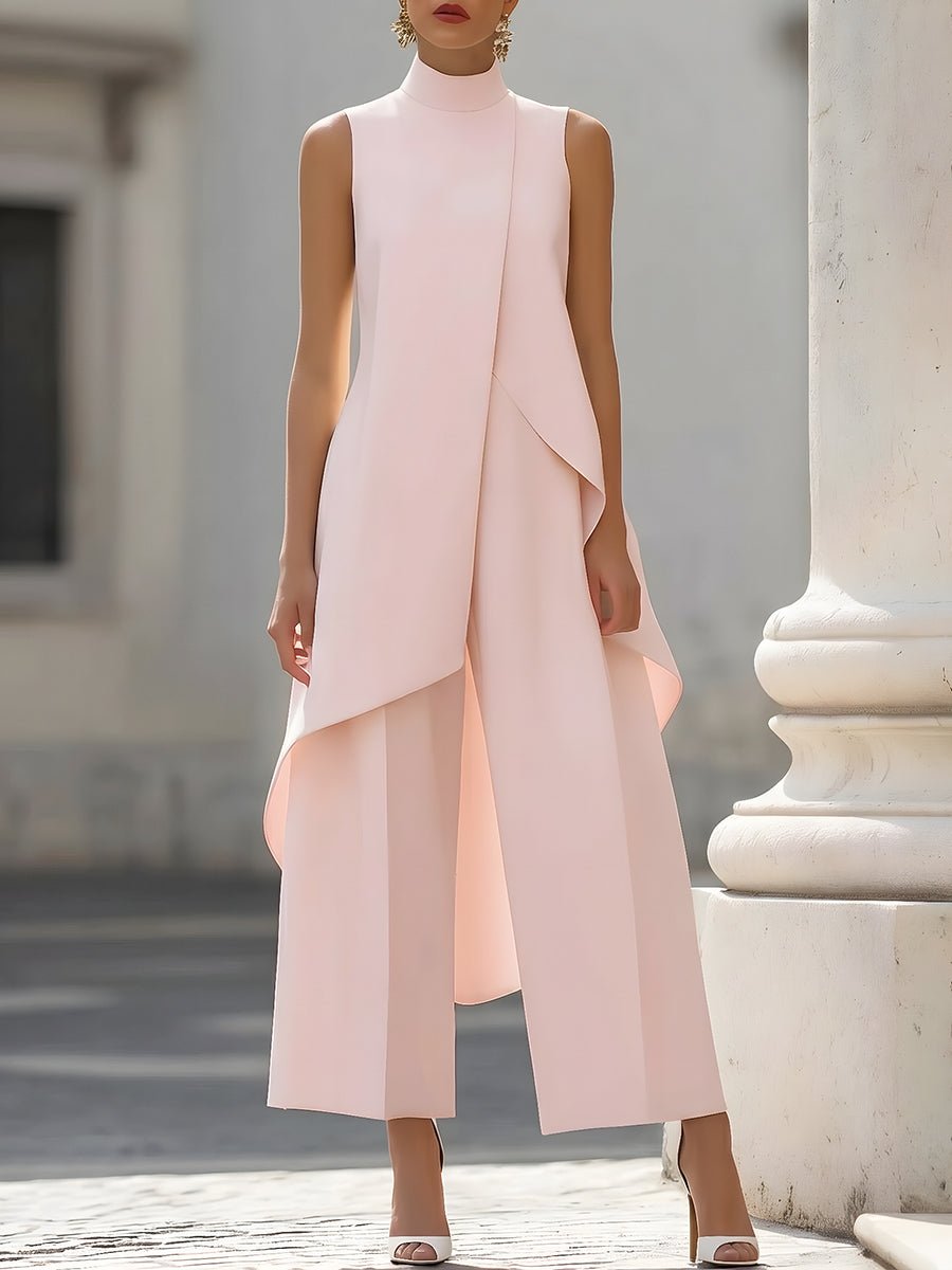 Completo due pezzi donna asimmetrico, top a collo alto senza maniche e pantalone a gamba larga, elegante per cerimonia - Rosa