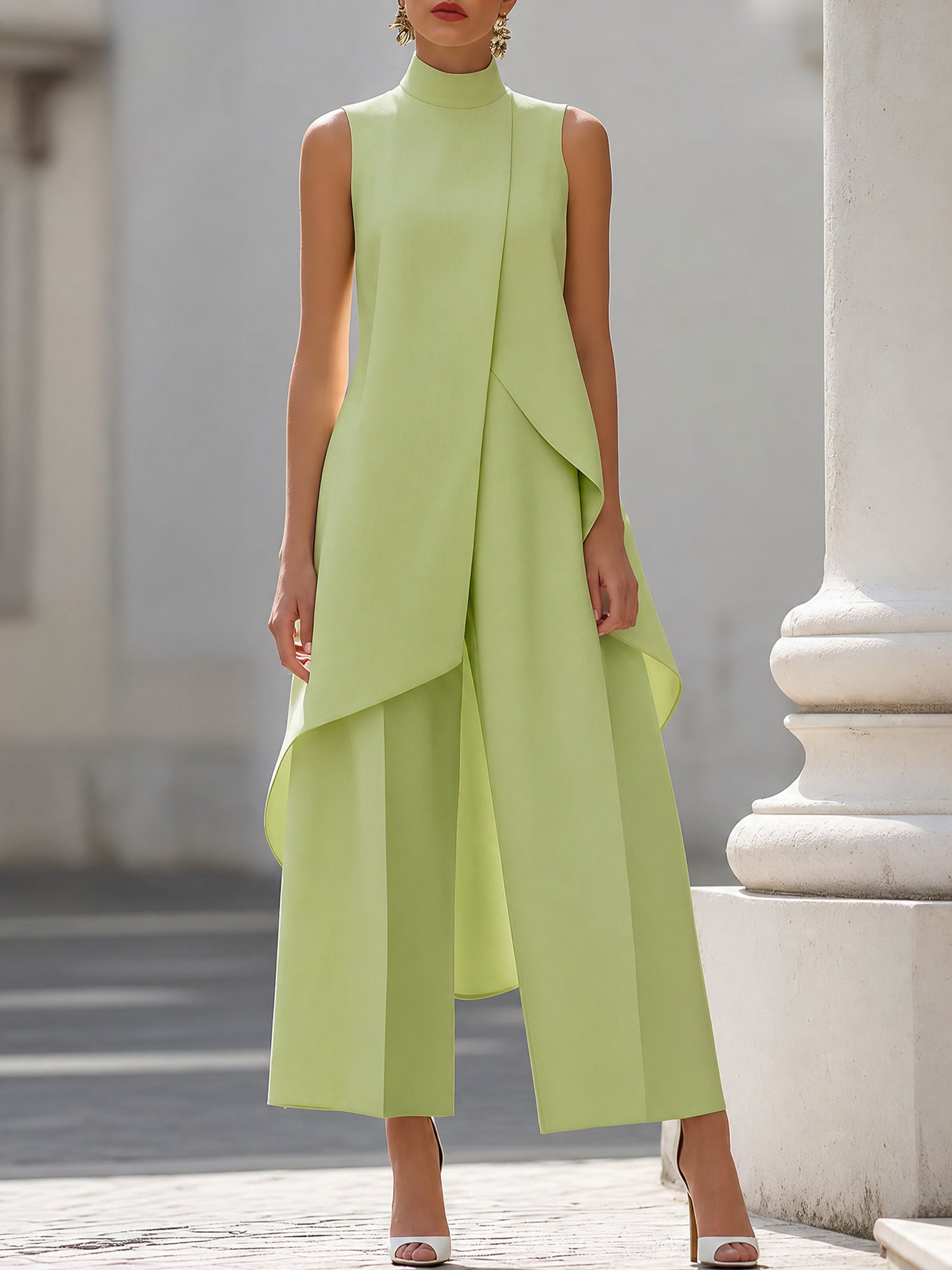 Completo due pezzi donna asimmetrico, top a collo alto senza maniche e pantalone a gamba larga, elegante per cerimonia - Verde Daiquiri