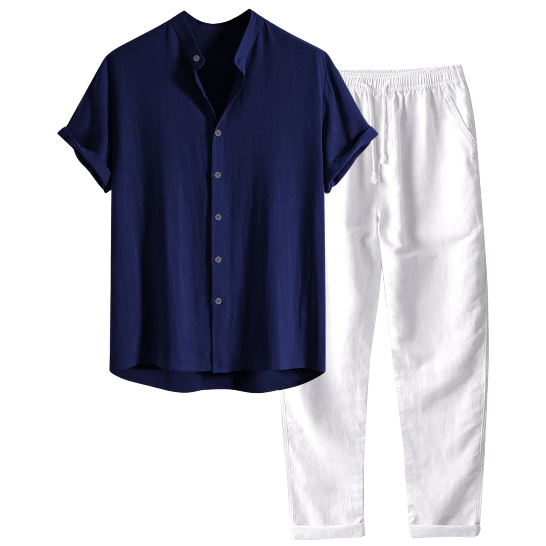 Completo in misto lino da uomo con camicia e pantaloni, casual ed estivo da mare, coordinato uomo - Blu