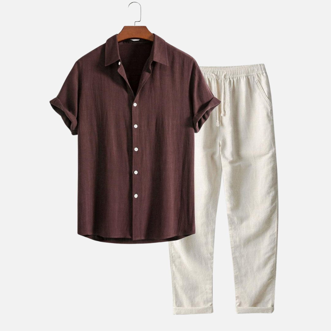 Completo in misto lino da uomo con camicia e pantaloni, casual ed estivo da mare, coordinato uomo - Marrone