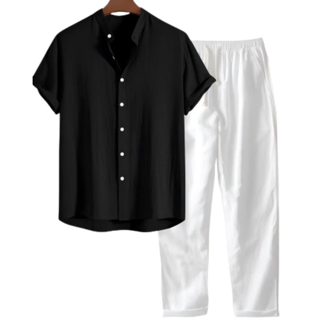 Completo in misto lino da uomo con camicia e pantaloni, casual ed estivo da mare, coordinato uomo - Nero