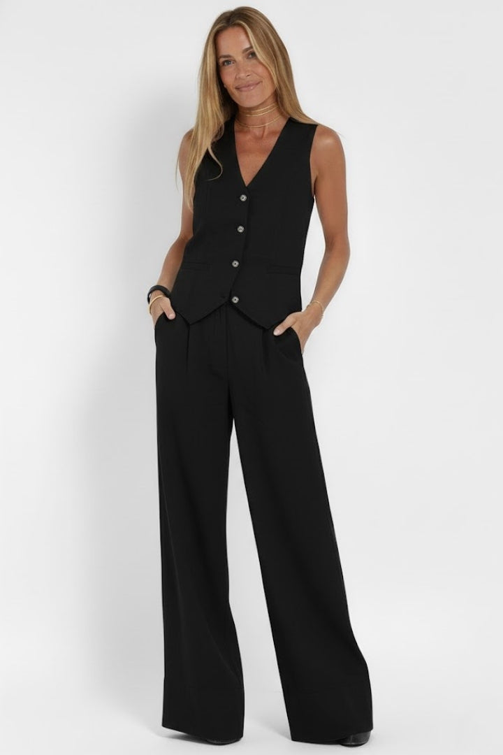 Completo tailleur donna con gilet scollo a V e pantalone a gamba larga, elegante per cerimonia - Nero