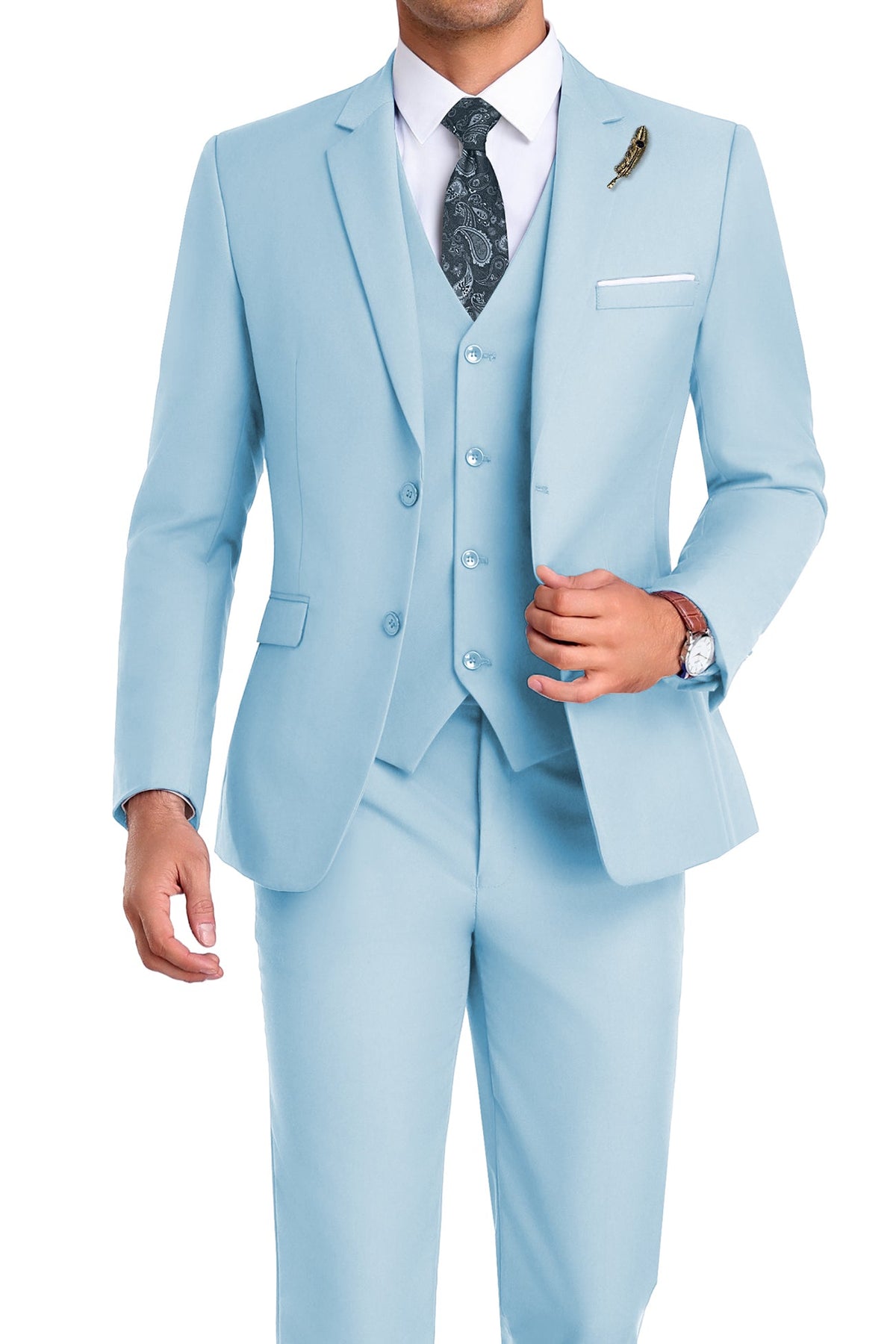 Completo uomo elegante 3 pezzi slim fit con gilet, da cerimonia e matrimonio - Azzurro