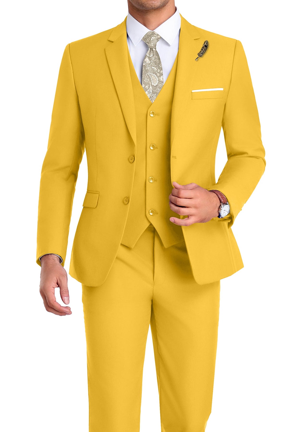 Completo uomo elegante 3 pezzi slim fit con gilet, da cerimonia e matrimonio - Giallo acceso