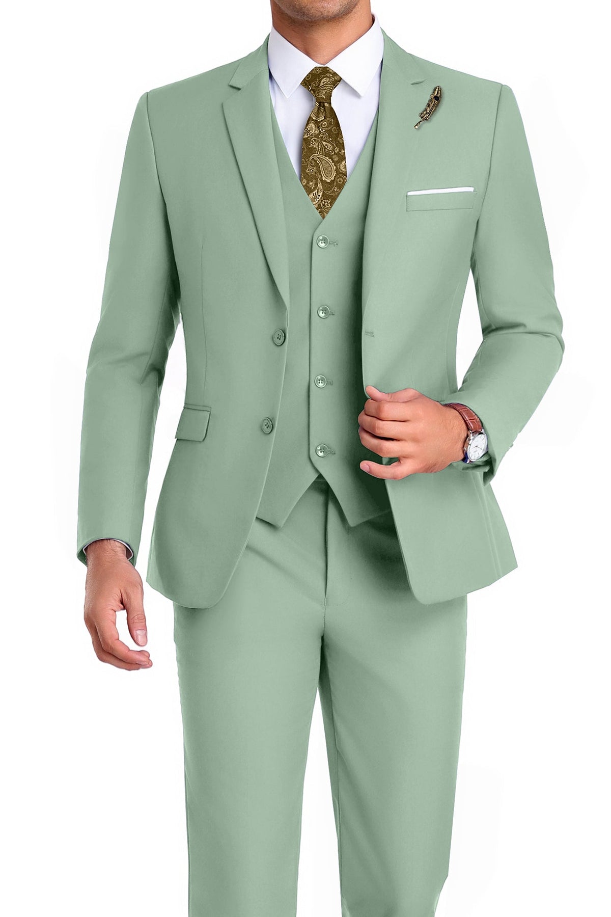 Completo uomo elegante 3 pezzi slim fit con gilet, da cerimonia e matrimonio - Verde salvia