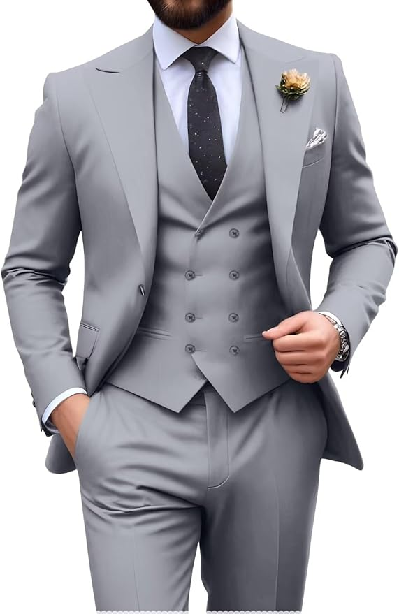 Completo uomo elegante tre pezzi con gilet e revers a lancia, slim fit, per matrimonio e cerimonia - Grigio