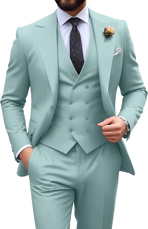 Completo uomo elegante tre pezzi con gilet e revers a lancia, slim fit, per matrimonio e cerimonia - Verde menta