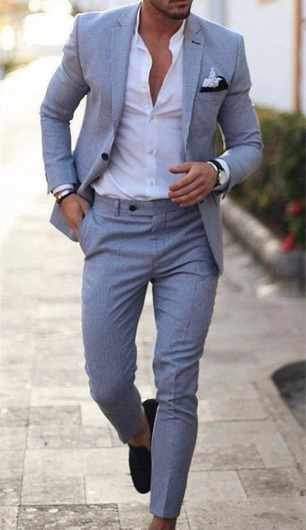 Completo uomo in lino slim fit 2 pezzi, elegante per matrimonio, cerimonia e ufficio - Azzurro