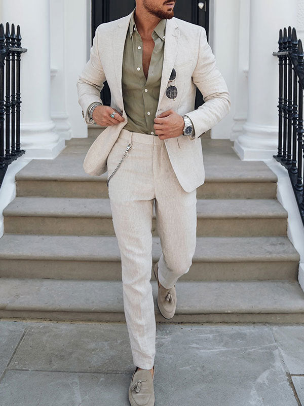 Completo uomo in lino slim fit 2 pezzi, elegante per matrimonio, cerimonia e ufficio - Beige