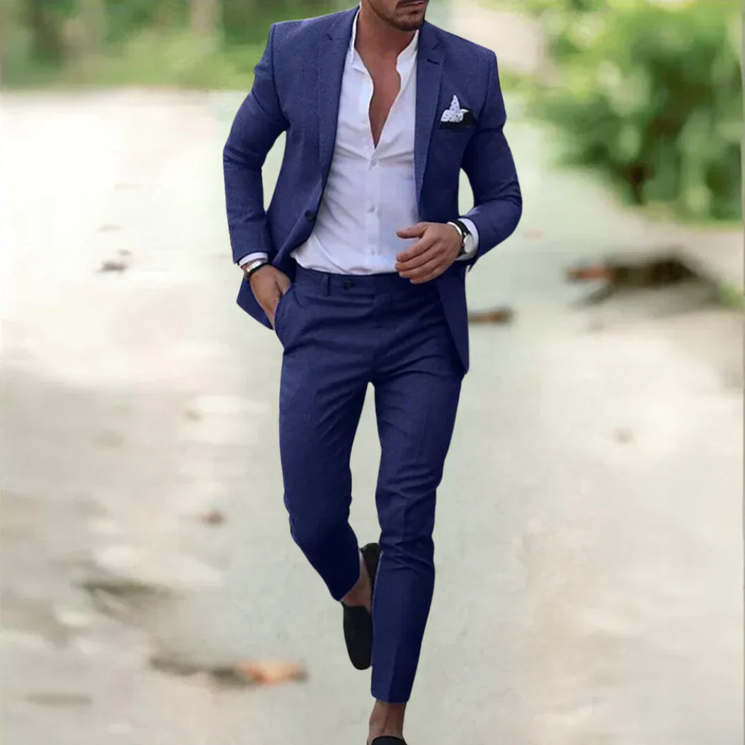 Completo uomo in lino slim fit 2 pezzi, elegante per matrimonio, cerimonia e ufficio - Blu