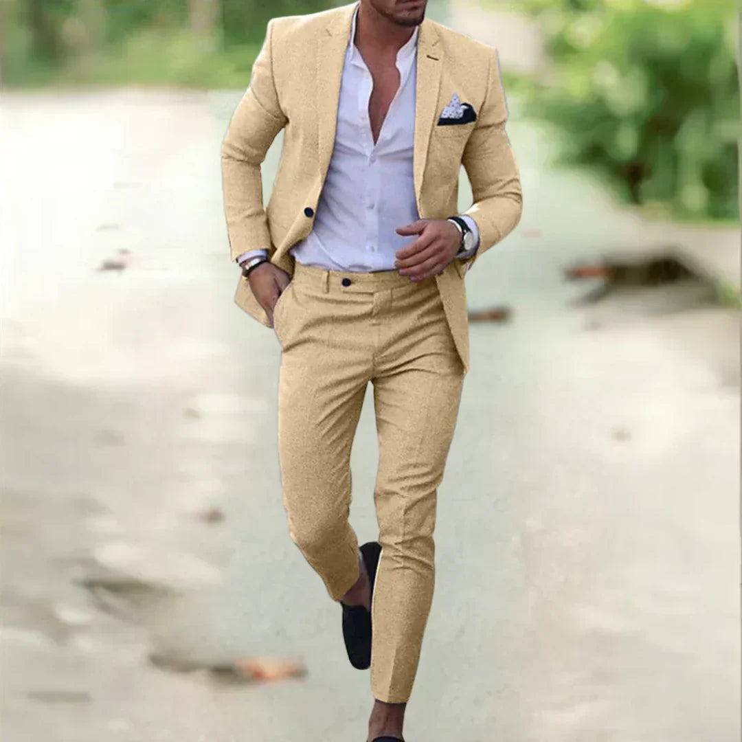 Completo uomo in lino slim fit 2 pezzi, elegante per matrimonio, cerimonia e ufficio - Kaki