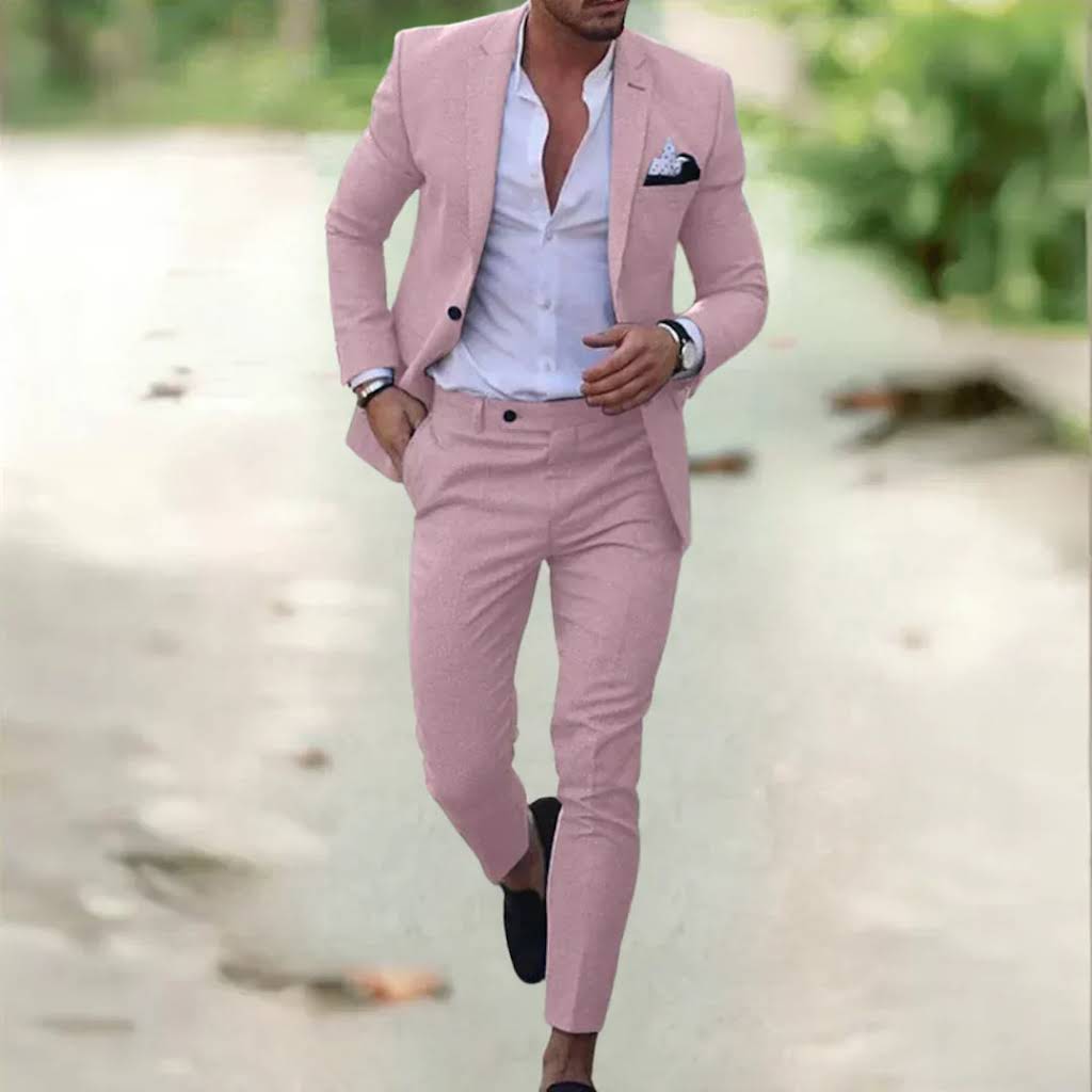 Completo uomo in lino slim fit 2 pezzi, elegante per matrimonio, cerimonia e ufficio - Rosa chiaro