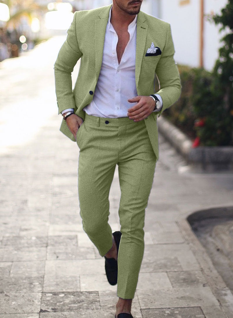 Completo uomo in lino slim fit 2 pezzi, elegante per matrimonio, cerimonia e ufficio - Verde chiaro