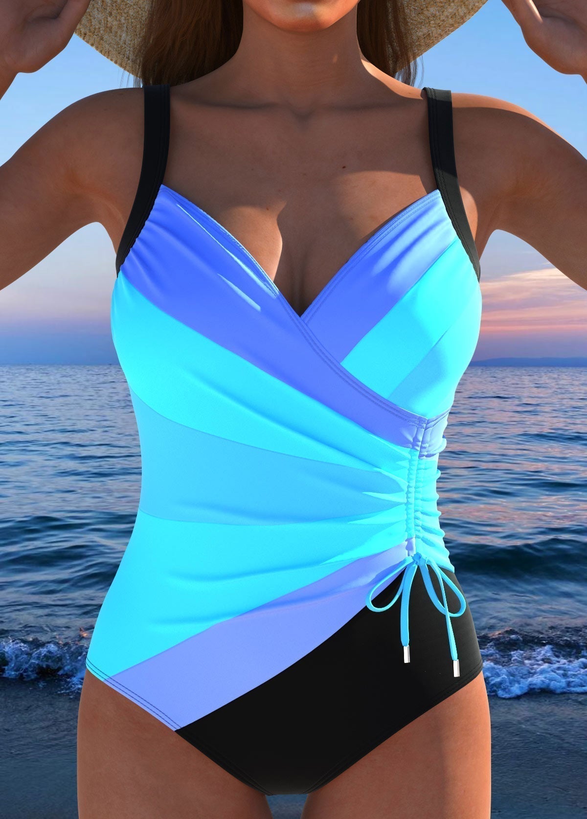 Costume intero da donna modellante e contenitivo con scollo a V drappeggiato e laccetto laterale, per mare e piscina - Blu