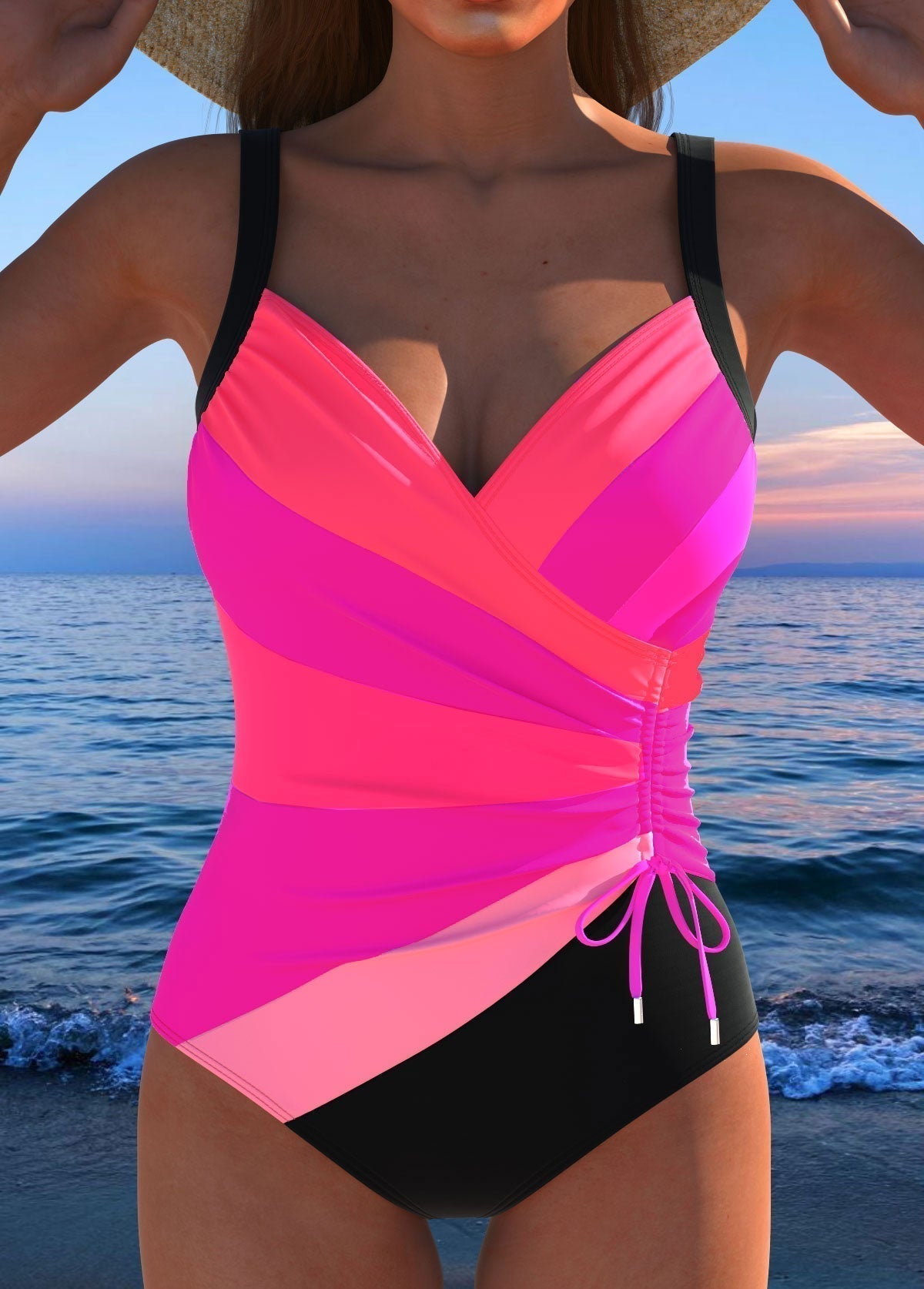 Costume intero da donna modellante e contenitivo con scollo a V drappeggiato e laccetto laterale, per mare e piscina - Rosa