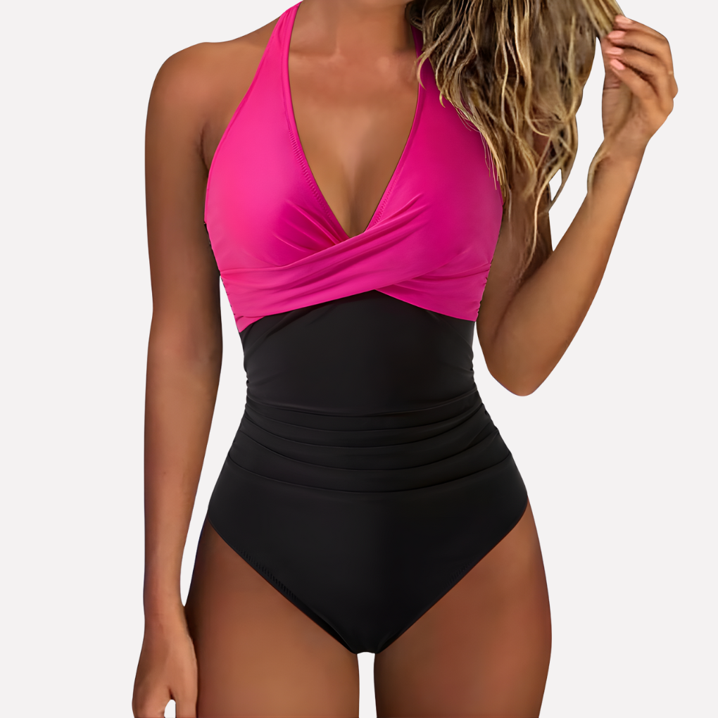 Costume intero donna modellante con scollo a V e schiena scoperta, allacciato al collo, per mare e piscina - Rosa chiaro