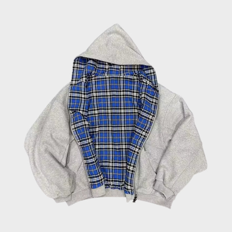 Felpa con cappuccio oversize da uomo reversibile con zip e fantasia a quadri, stile streetwear casual - view 10
