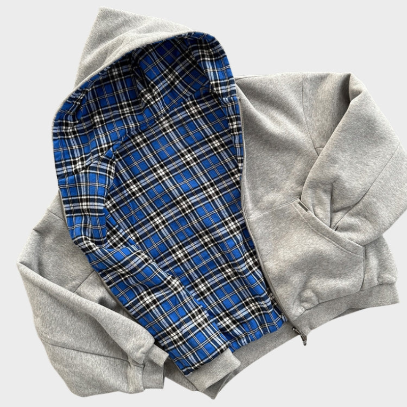 Felpa con cappuccio oversize da uomo reversibile con zip e fantasia a quadri, stile streetwear casual - view 5