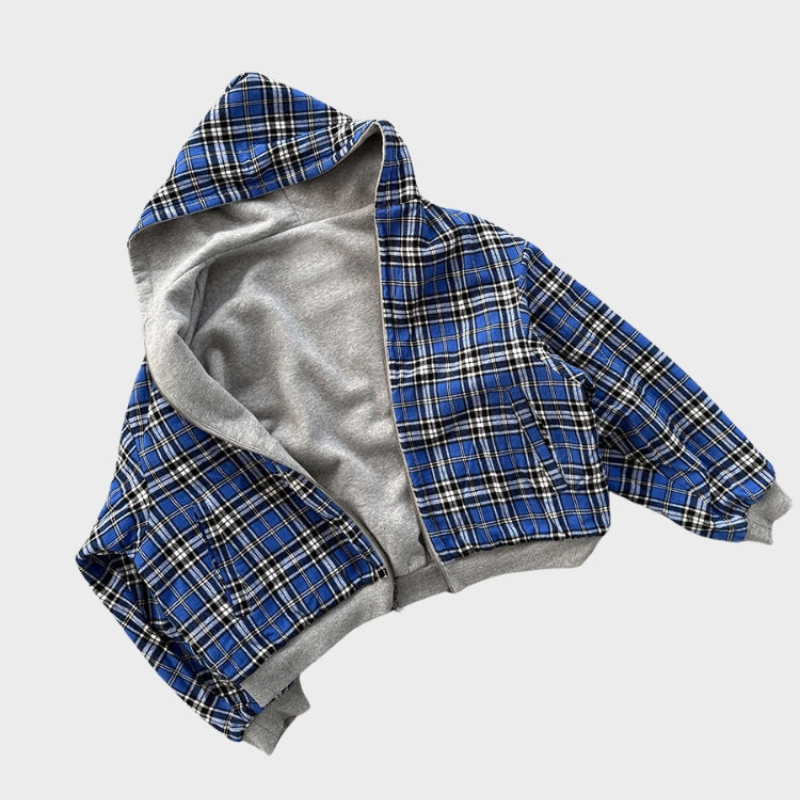 Felpa con cappuccio oversize da uomo reversibile con zip e fantasia a quadri, stile streetwear casual - view 6