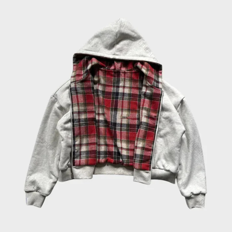 Felpa con cappuccio oversize da uomo reversibile con zip e fantasia a quadri, stile streetwear casual - Rosso