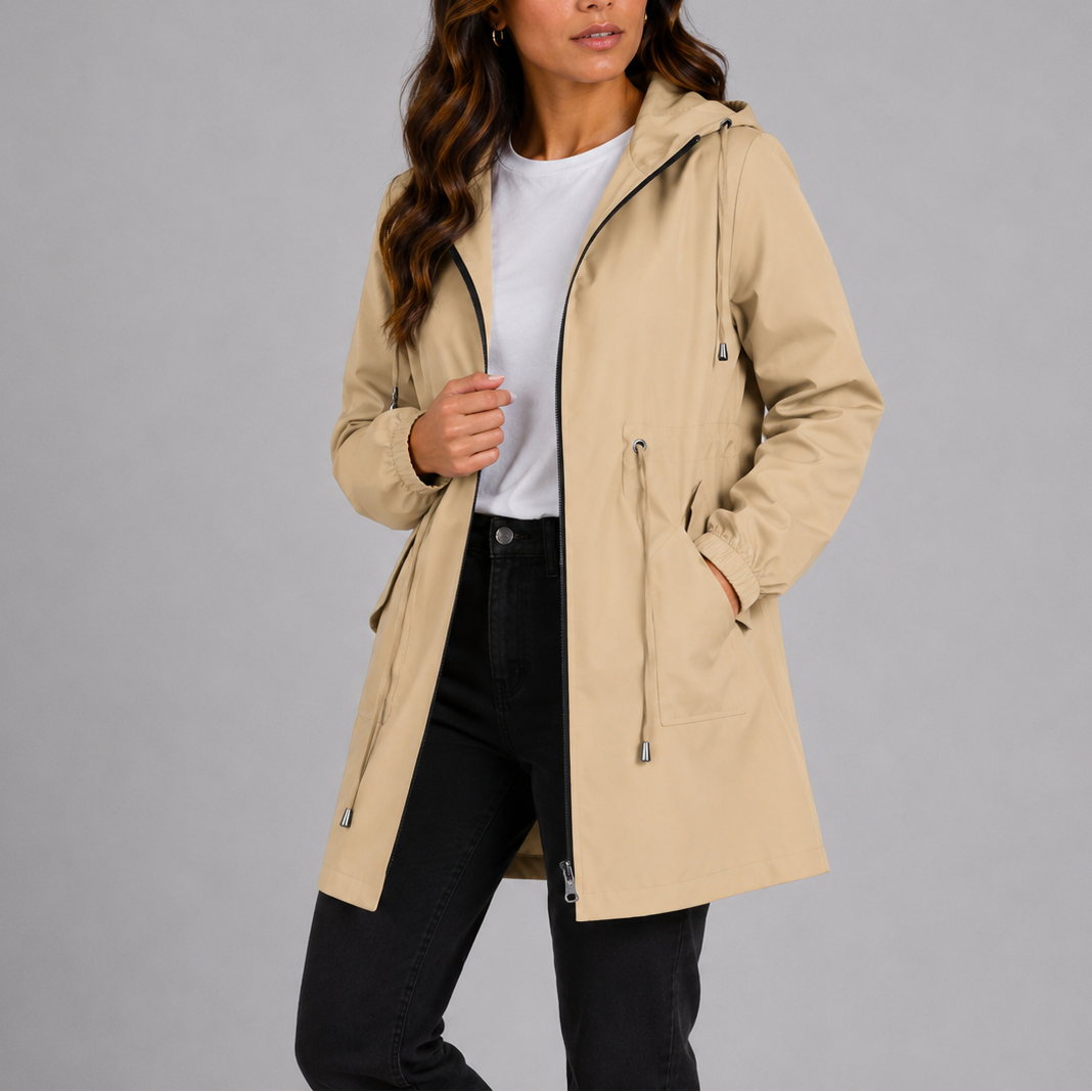 Giacca antipioggia da donna leggera con cappuccio e coulisse in vita, per la primavera e mezza stagione - giacca a vento - Beige