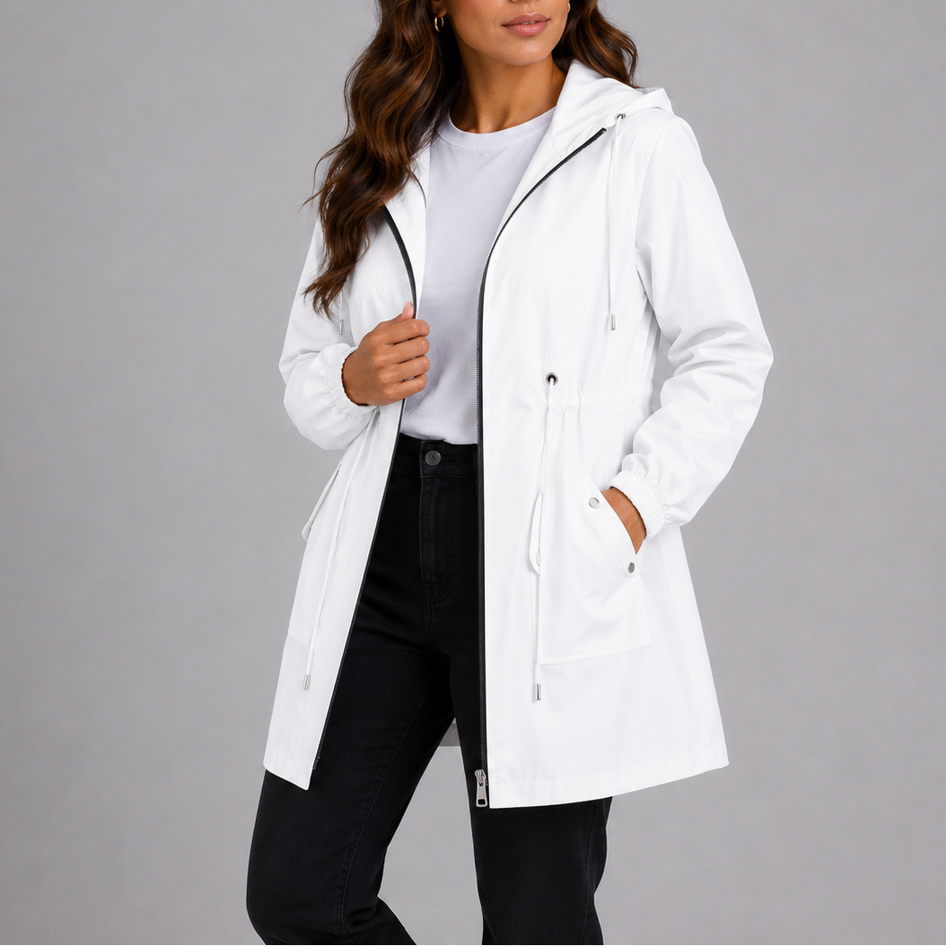 Giacca antipioggia da donna leggera con cappuccio e coulisse in vita, per la primavera e mezza stagione - giacca a vento - Bianco