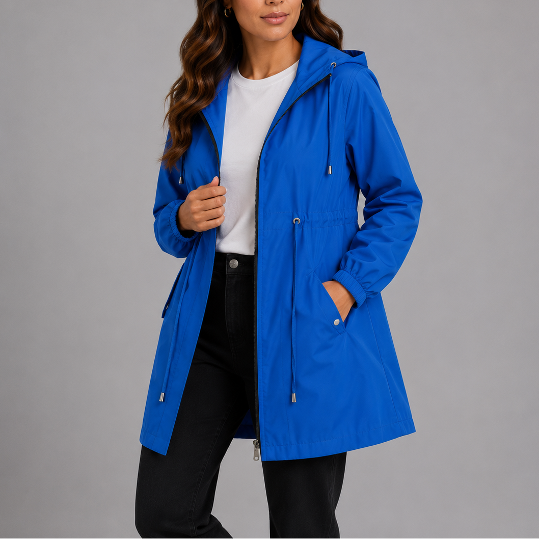 Giacca antipioggia da donna leggera con cappuccio e coulisse in vita, per la primavera e mezza stagione - giacca a vento - Blu