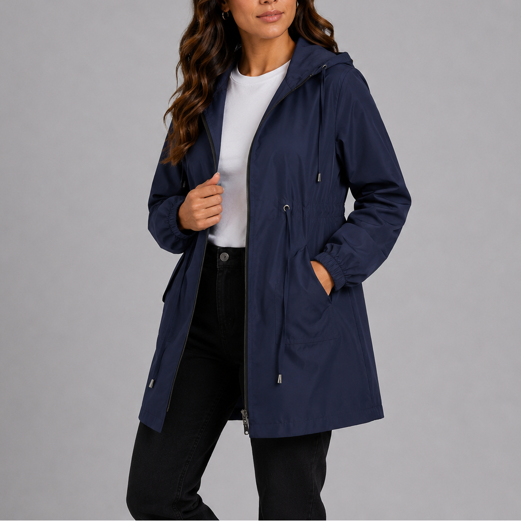 Giacca antipioggia da donna leggera con cappuccio e coulisse in vita, per la primavera e mezza stagione - giacca a vento - Blu scuro