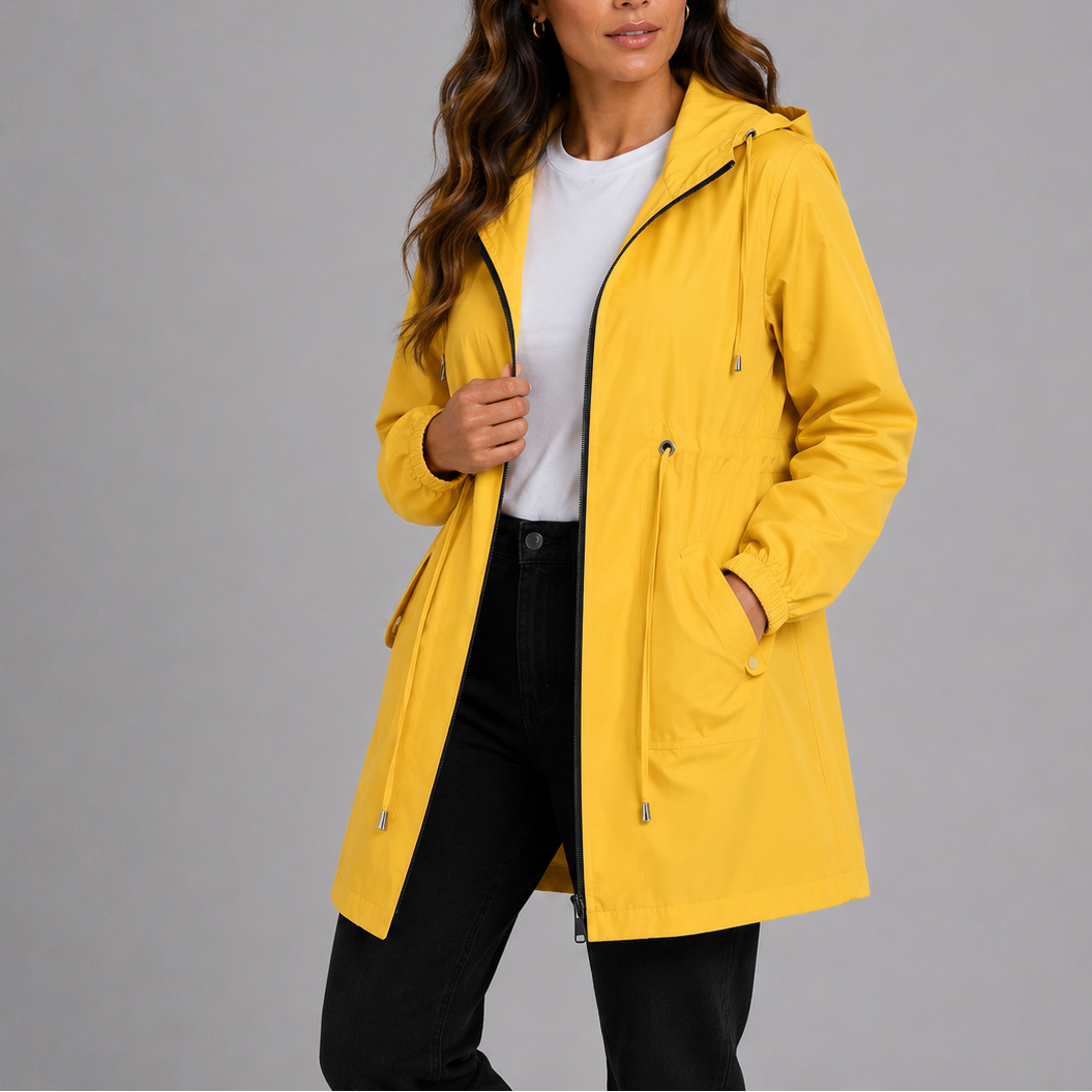 Giacca antipioggia da donna leggera con cappuccio e coulisse in vita, per la primavera e mezza stagione - giacca a vento - Giallo