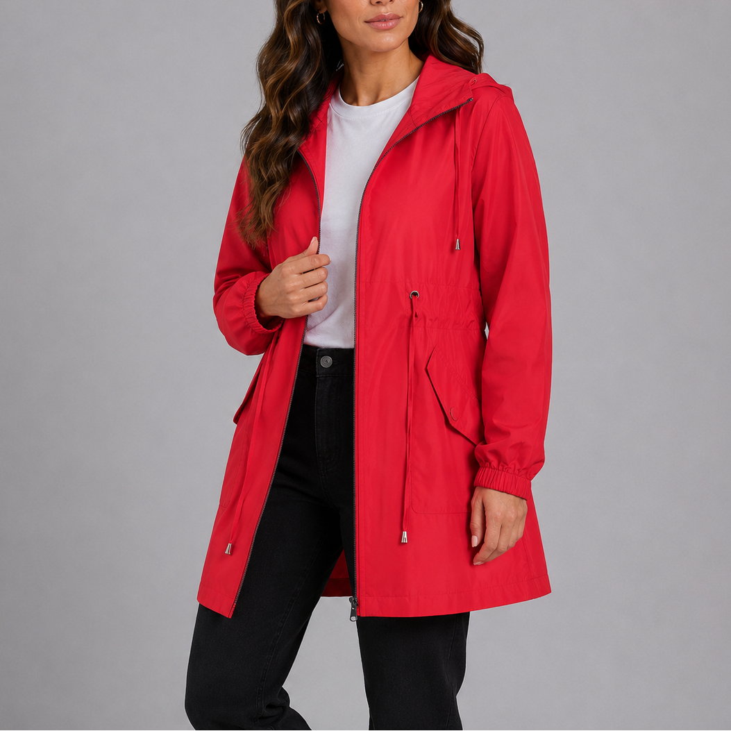 Giacca antipioggia da donna leggera con cappuccio e coulisse in vita, per la primavera e mezza stagione - giacca a vento - Rosso