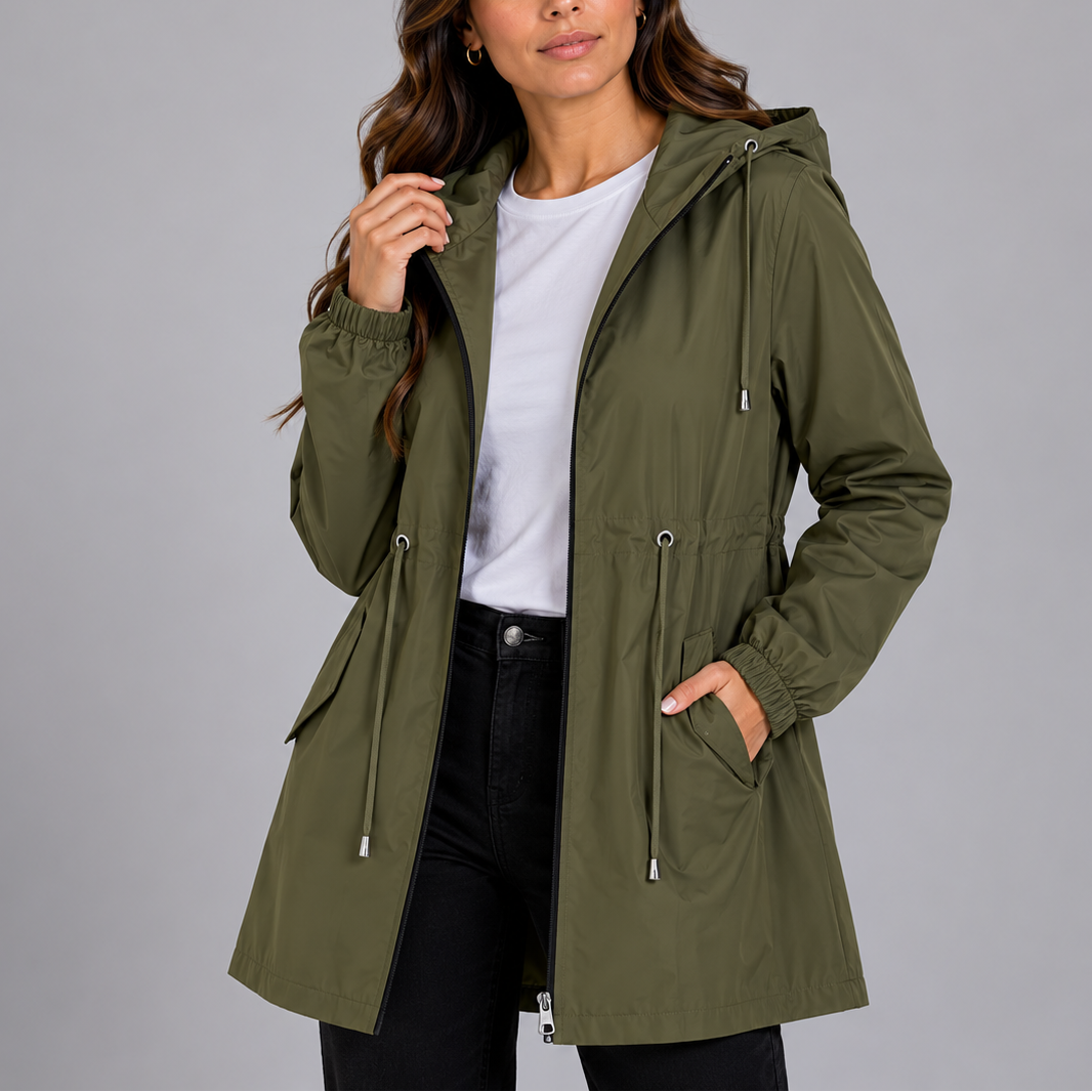 Giacca antipioggia da donna leggera con cappuccio e coulisse in vita, per la primavera e mezza stagione - giacca a vento - Verde
