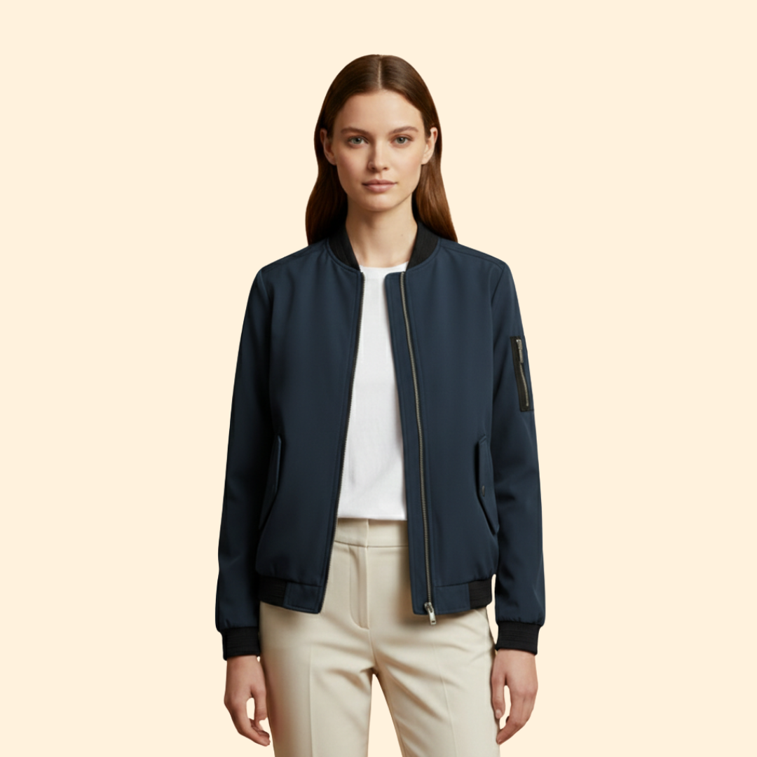 Giacca bomber da donna con zip intera, colletto a coreana e polsini a costine - Blu scuro