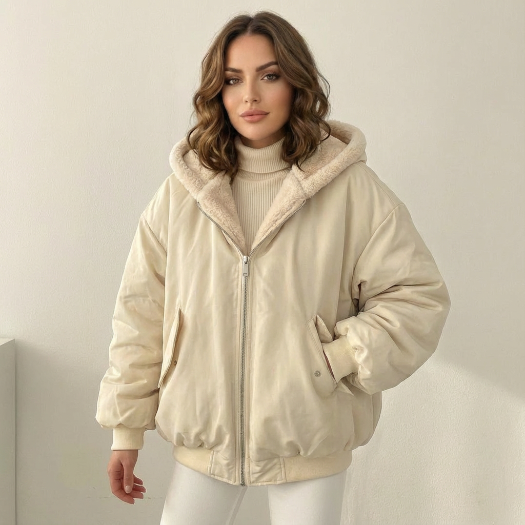 Giacca bomber teddy da donna reversibile con cappuccio, oversize e calda per l'inverno - view 10