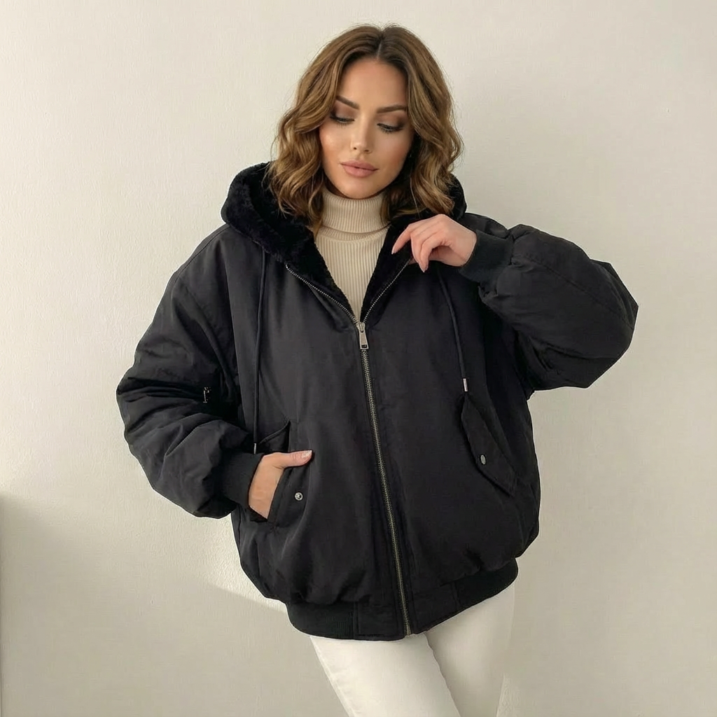 Giacca bomber teddy da donna reversibile con cappuccio, oversize e calda per l'inverno - view 12