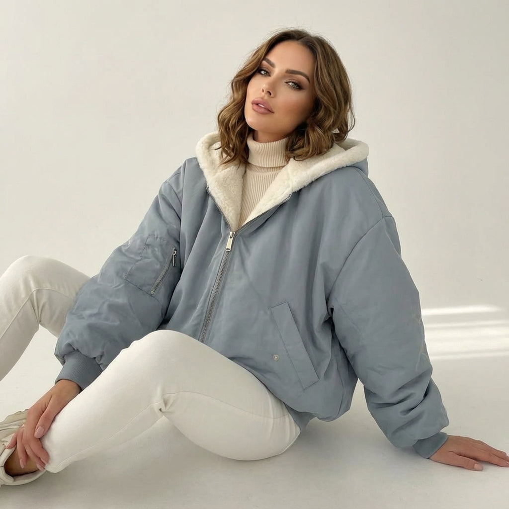 Giacca bomber teddy da donna reversibile con cappuccio, oversize e calda per l'inverno - view 15