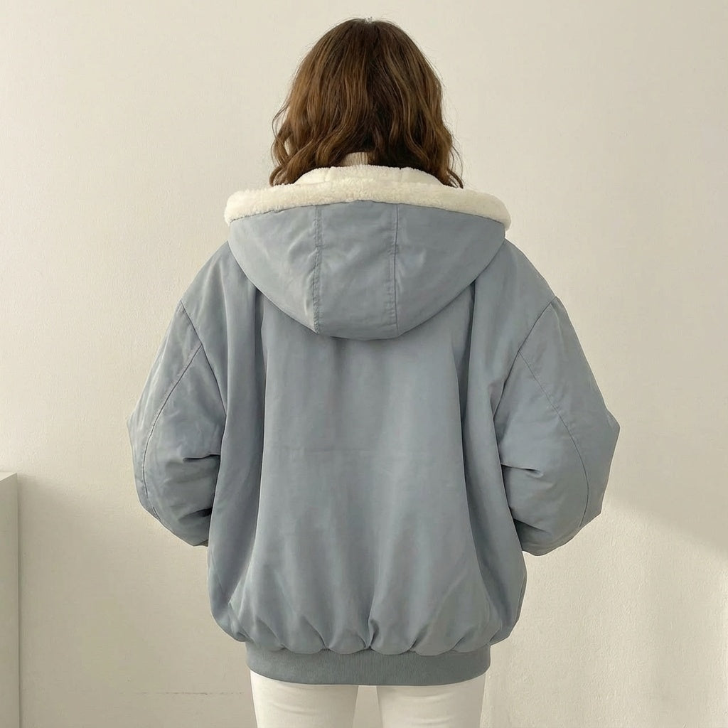 Giacca bomber teddy da donna reversibile con cappuccio, oversize e calda per l'inverno - view 4