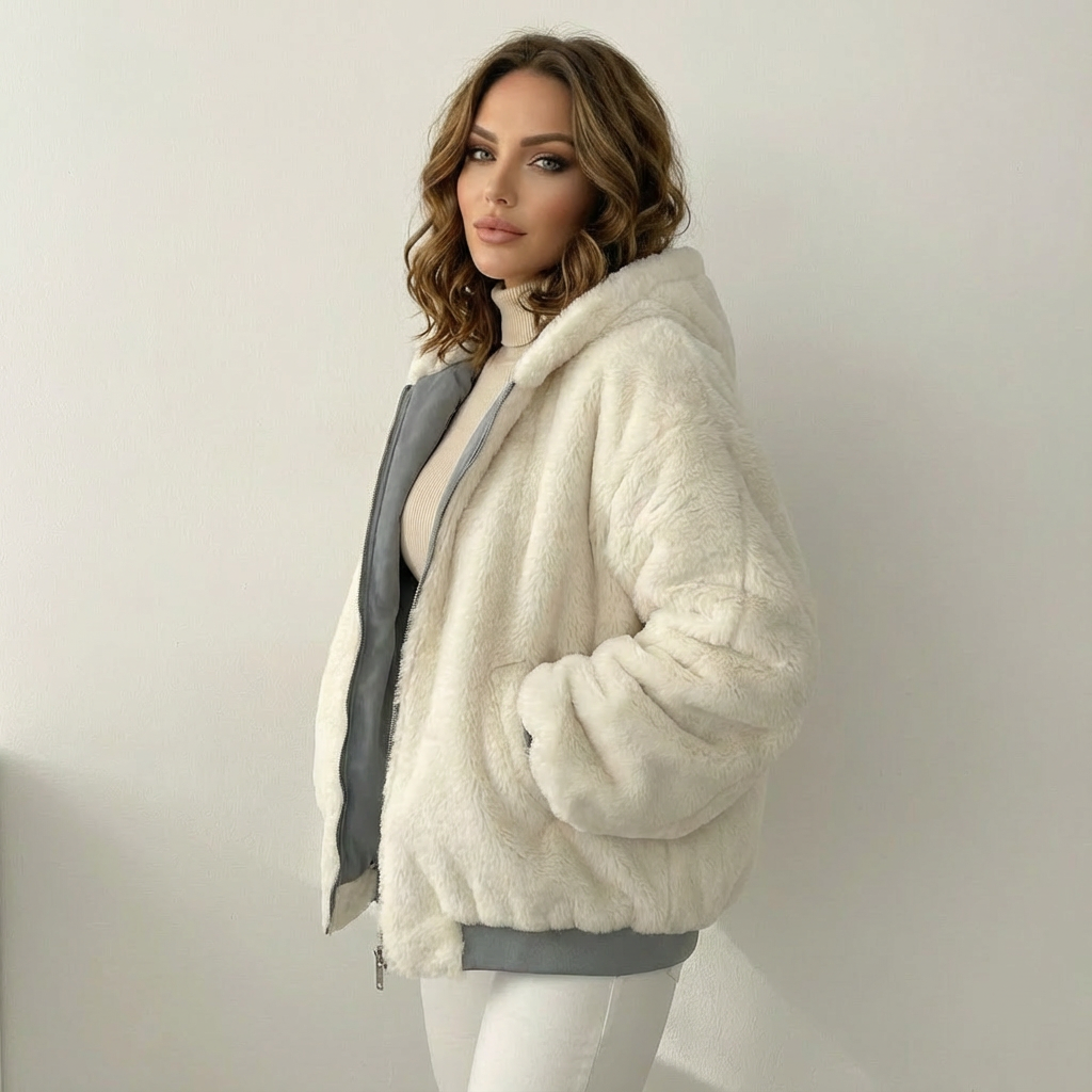 Giacca bomber teddy da donna reversibile con cappuccio, oversize e calda per l'inverno - view 7