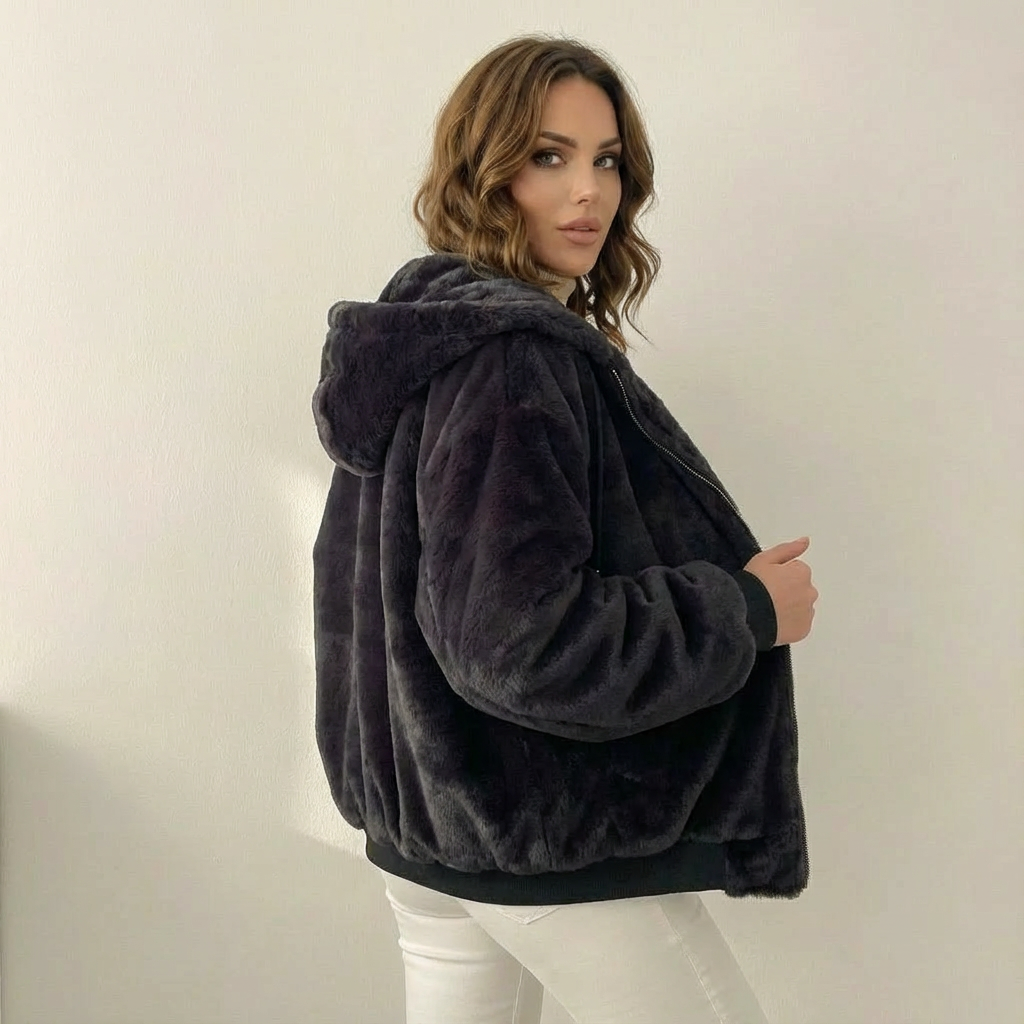 Giacca bomber teddy da donna reversibile con cappuccio, oversize e calda per l'inverno - view 8