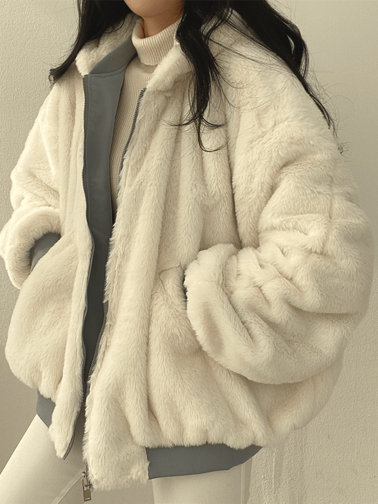 Giacca bomber teddy da donna reversibile con cappuccio, oversize e calda per l'inverno - view 9