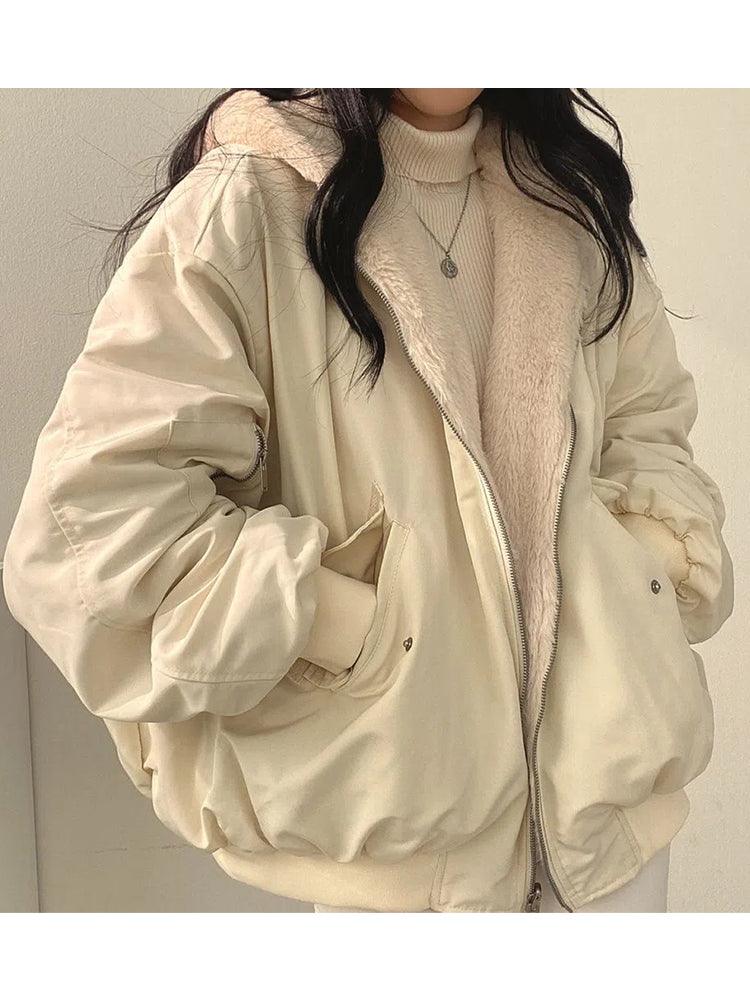 Giacca bomber teddy da donna reversibile con cappuccio, oversize e calda per l'inverno - Beige