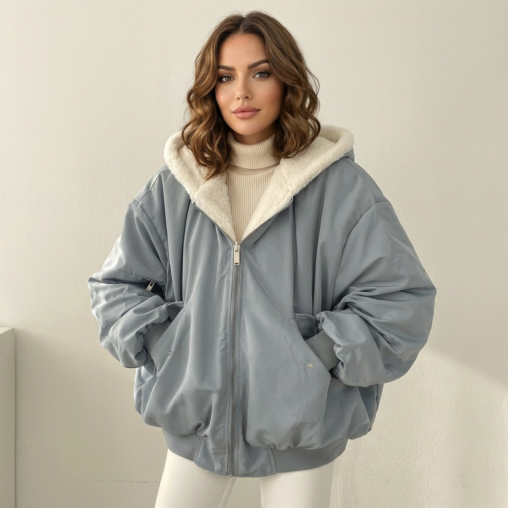 Giacca bomber teddy da donna reversibile con cappuccio, oversize e calda per l'inverno - Blu