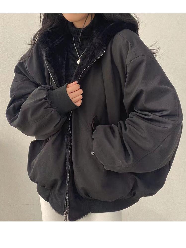 Giacca bomber teddy da donna reversibile con cappuccio, oversize e calda per l'inverno - Nero
